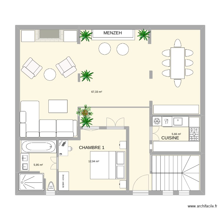 riad Kasbah 2 RDC é. Plan de 4 pièces et 92 m2