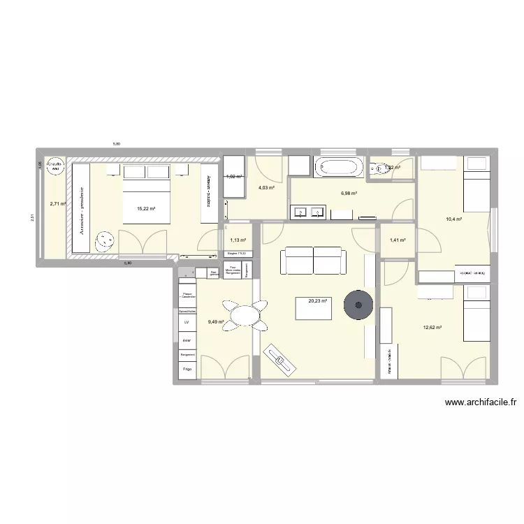 Cuisine avec ouverture de la cuisine et buffet de part et d'autre poele et modif chambre enfants. Plan de 