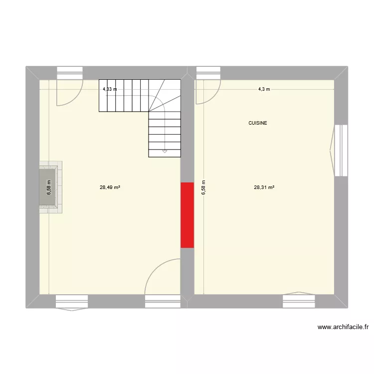 s&eacute;jour/cuisine jodie. Plan de 2  et 57 m²