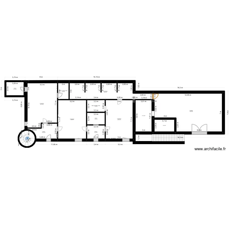 rdc bis base. Plan de 13  et 305 m²
