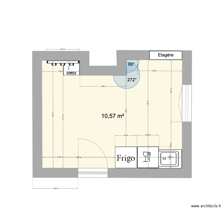 Cuisine. Plan de 1 pièce et 11 m2