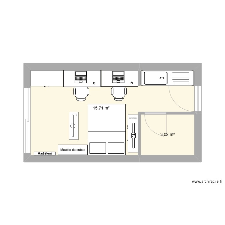 OUVERT. Plan de 2 pièces et 19 m2