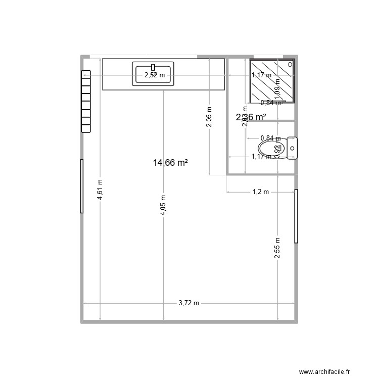 SSOL. Plan de 2 pièces et 17 m2