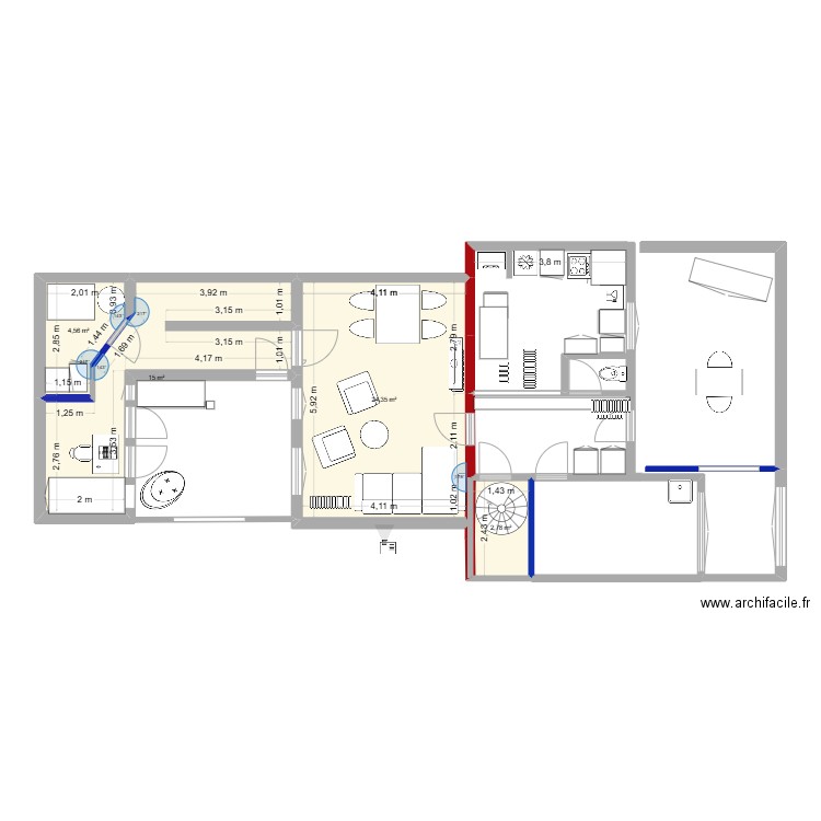 projet bobillot. Plan de 4 pièces et 47 m2