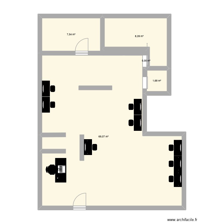 salon de coifure. Plan de 5 pièces et 87 m2