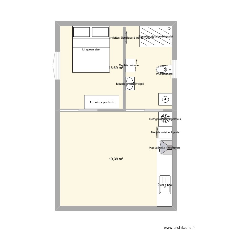Extension abri de jardin. Plan de 2 pièces et 36 m2