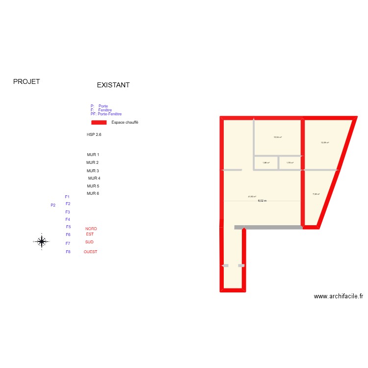 BRUNET_ Existant. Plan de 6 pièces et 75 m2