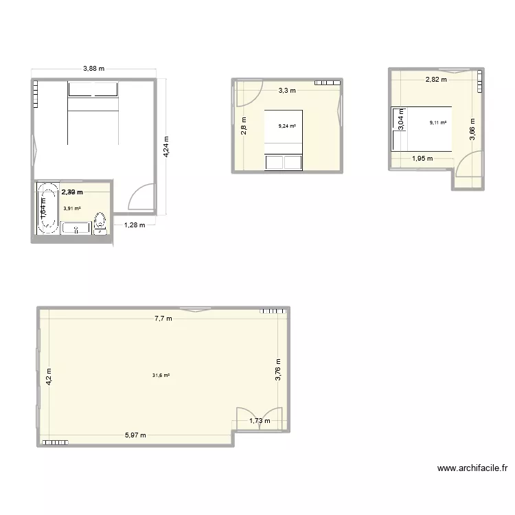 Point du Jour. Plan de 4  et 54 m²