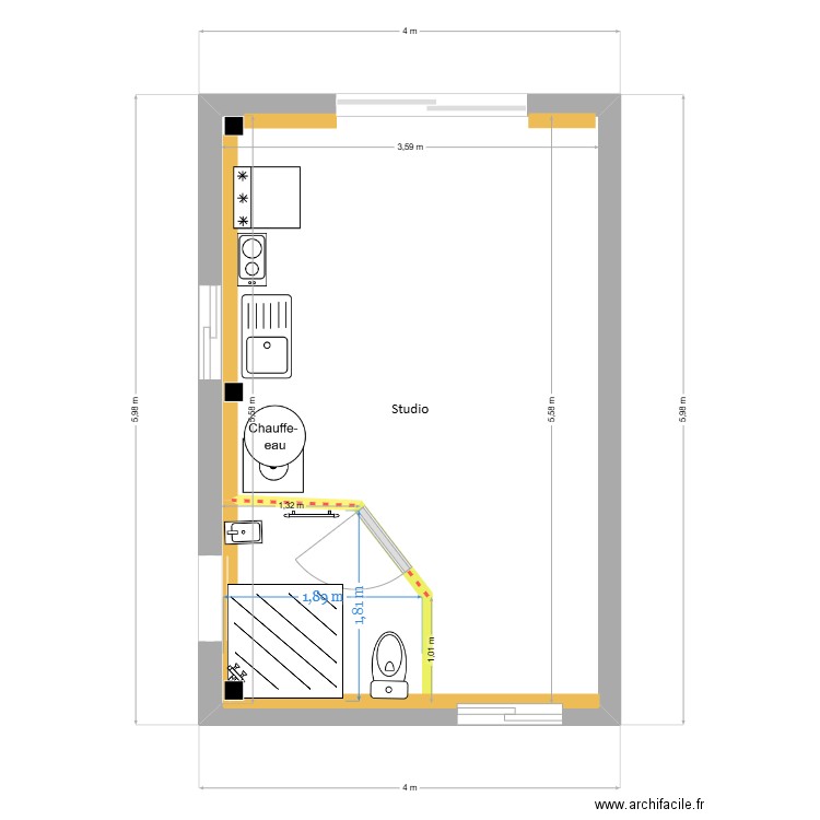 Studio avec mur sud extérieur poteau. Plan de 1 pièce et 20 m2