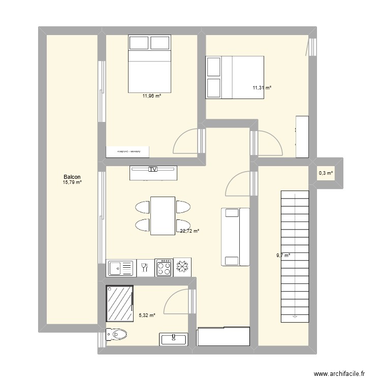 appart Cambrils après travaux. Plan de 7 pièces et 77 m2