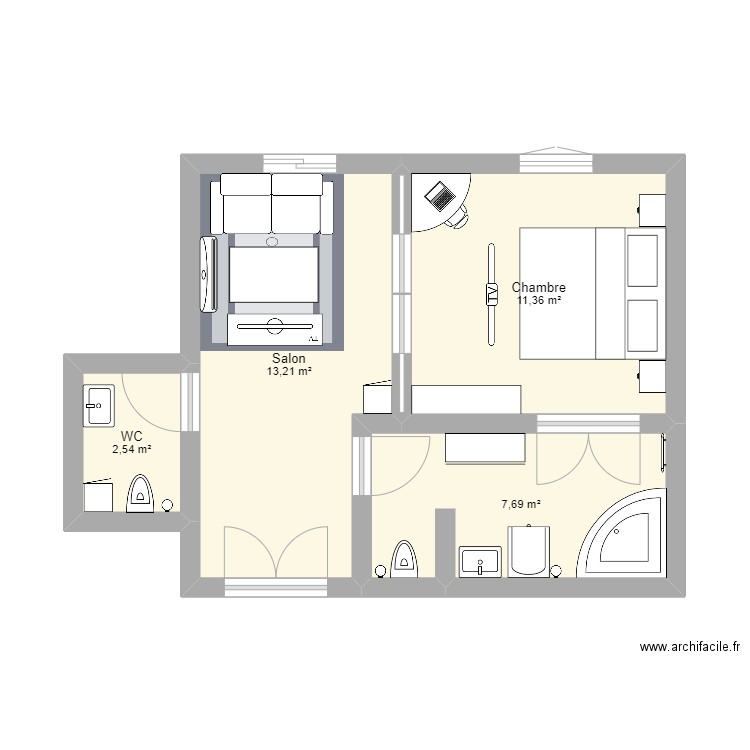 Chambre double VF. Plan de 4 pièces et 35 m2