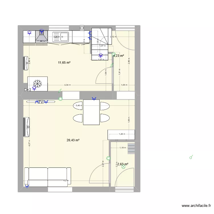 salon cuisine 2. Plan de 4  et 39 m²