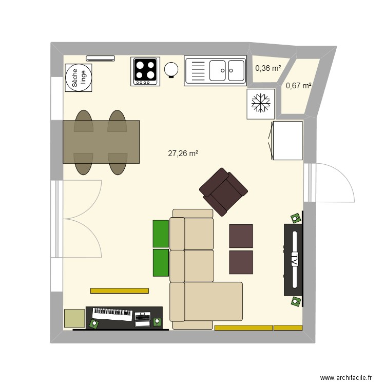 Salon borderouge. Plan de 3 pièces et 28 m2