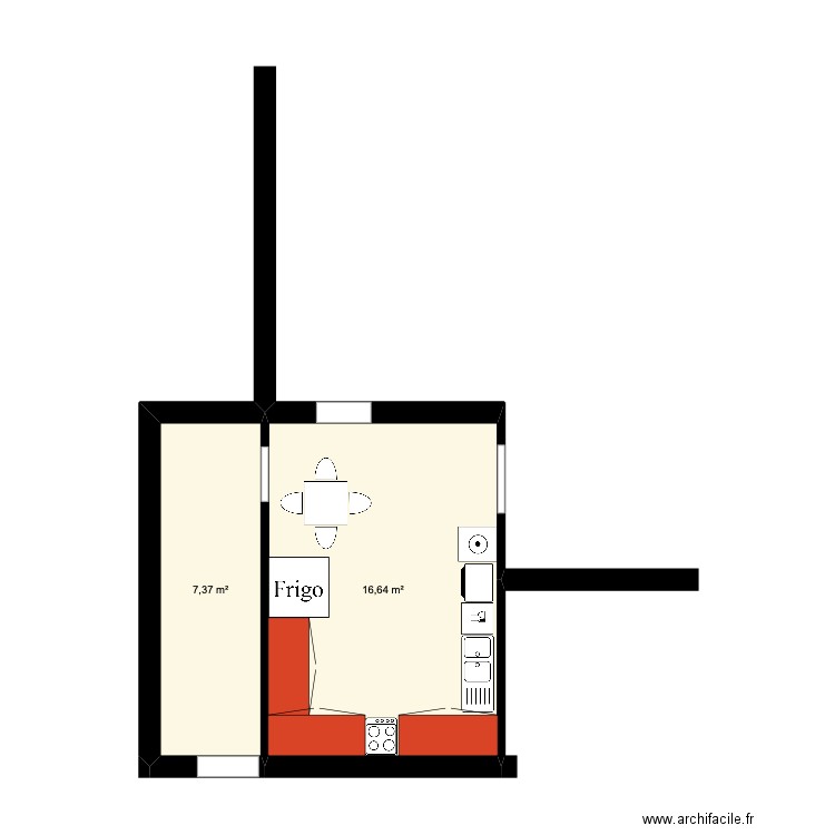 Extension. Plan de 2 pièces et 24 m2