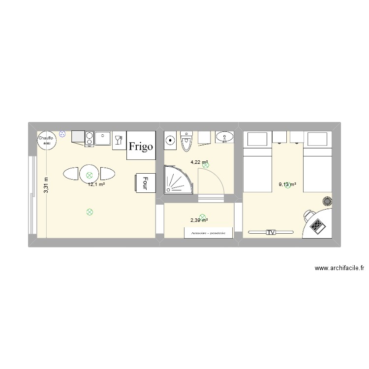 techno. Plan de 4 pièces et 28 m2