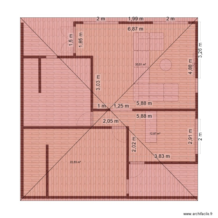 2 chambres salon F2. Plan de 3 pièces et 66 m2