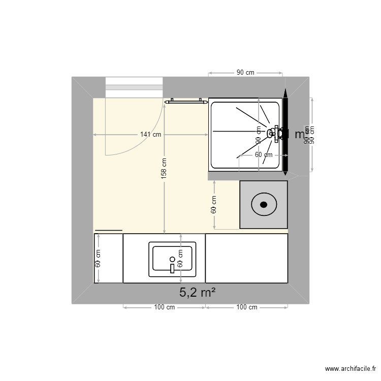sdbain. Plan de 2 pièces et 5 m2