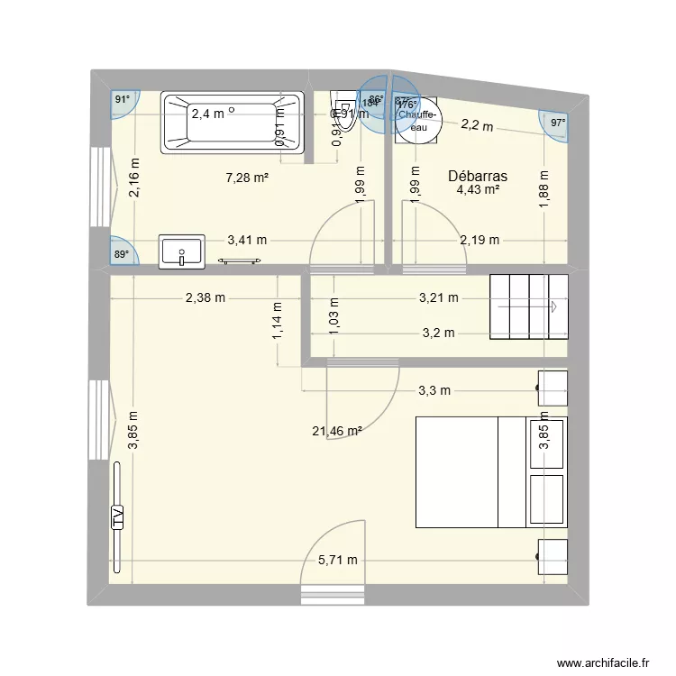 rdc. Plan de 3 pièces et 33 m²