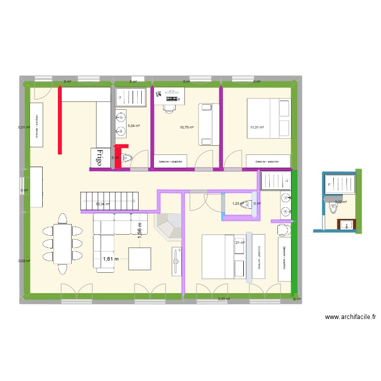 1er étage - RP2. Plan de 18 pièces et 107 m2