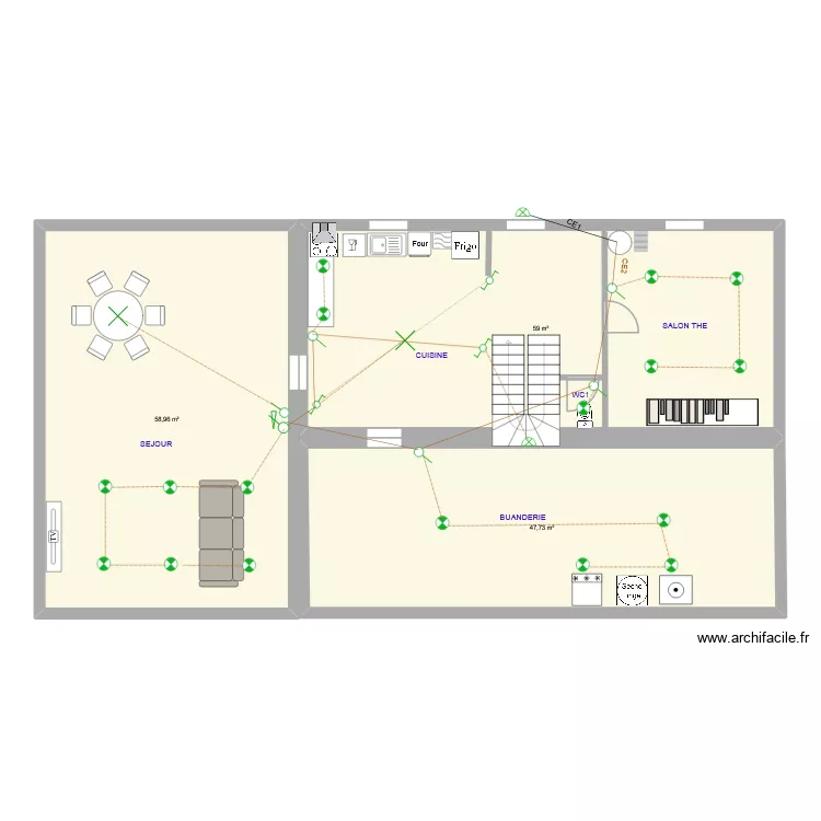 RDC ECL. Plan de 3 Pièces et 166 m²