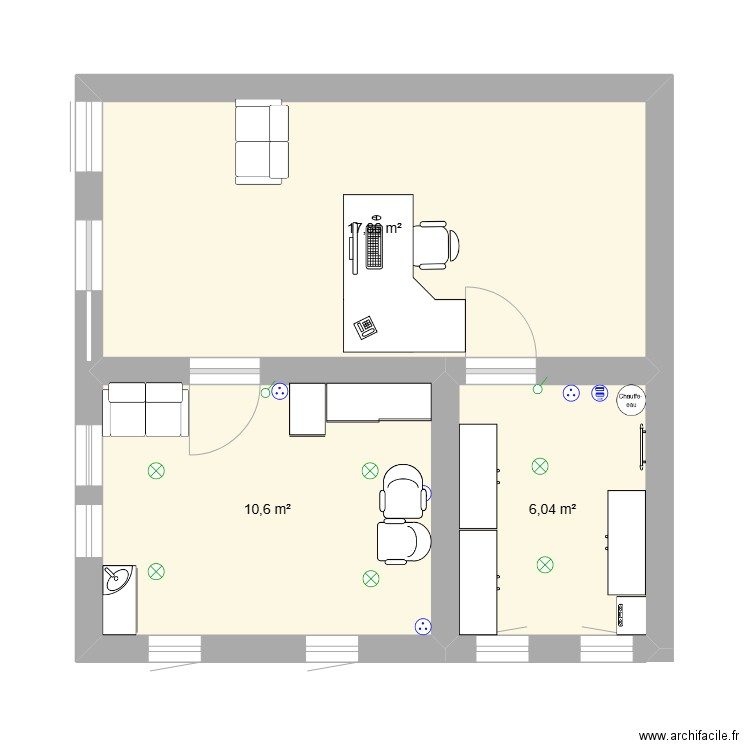 piece de maquillage reserve et accueil. Plan de 3 pièces et 35 m2