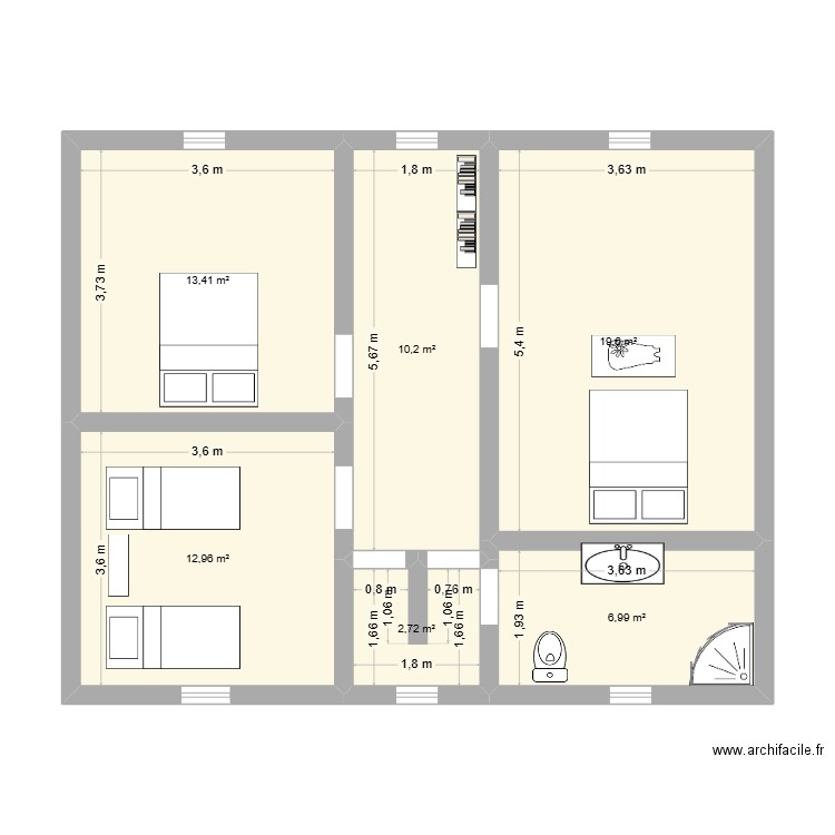 gite étage. Plan de 6 pièces et 66 m2