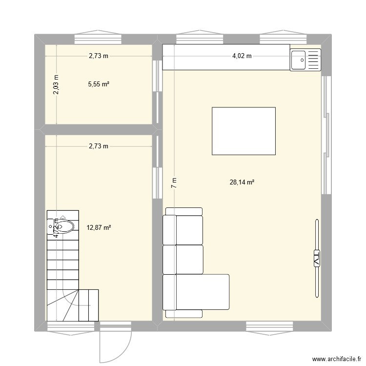 mai. Plan de 3 pièces et 47 m2