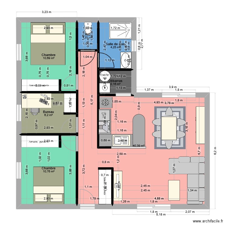 Maison en L. Plan de 7 pièces et 76 m2