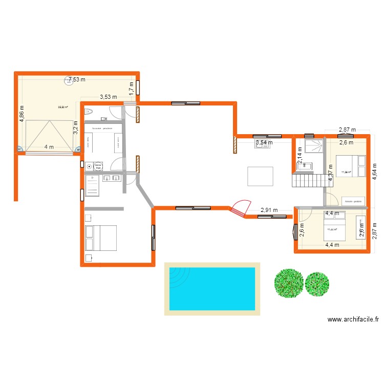 plan maison. Plan de 3 pièces et 48 m2