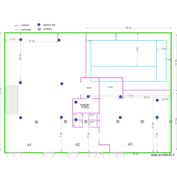 USINE rdc. Plan de 22 pièces et 1099 m2