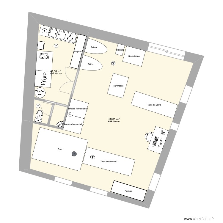 PamPain-demolition et reconfiguration. Plan de 2 pièces et 62 m2
