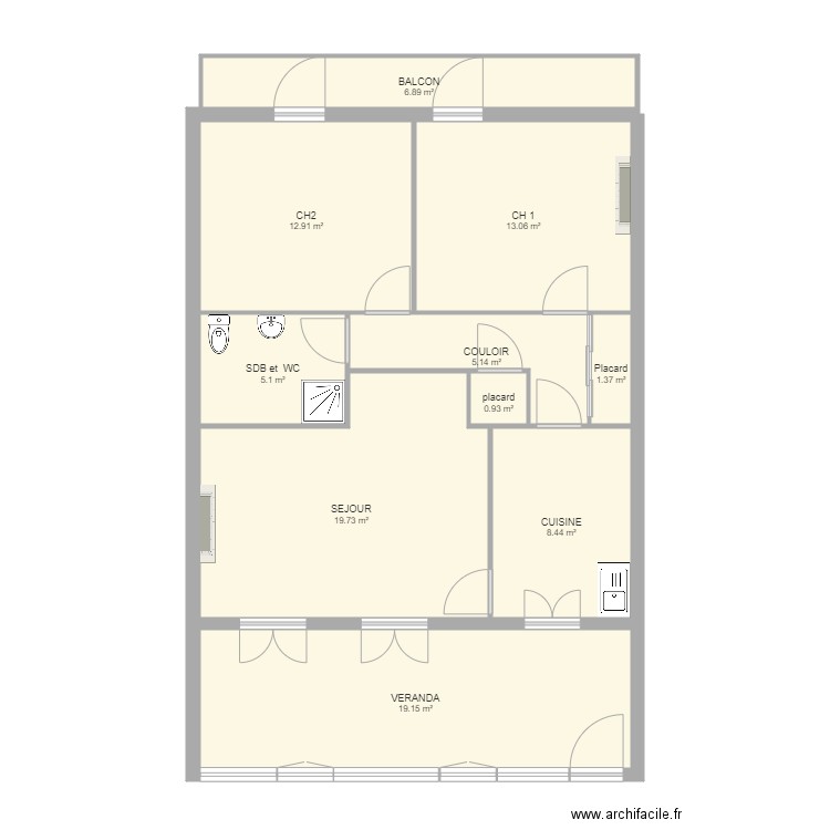 Appartement T3 et  véranda . Plan de 0 pièce et 0 m2