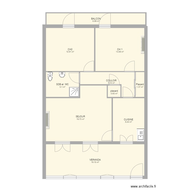 Appartement T3 et  véranda . Plan de 0 pièce et 0 m2