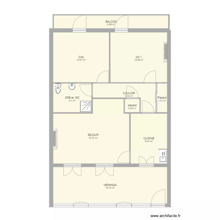 Appartement T3 et  v&eacute;randa . Plan de 