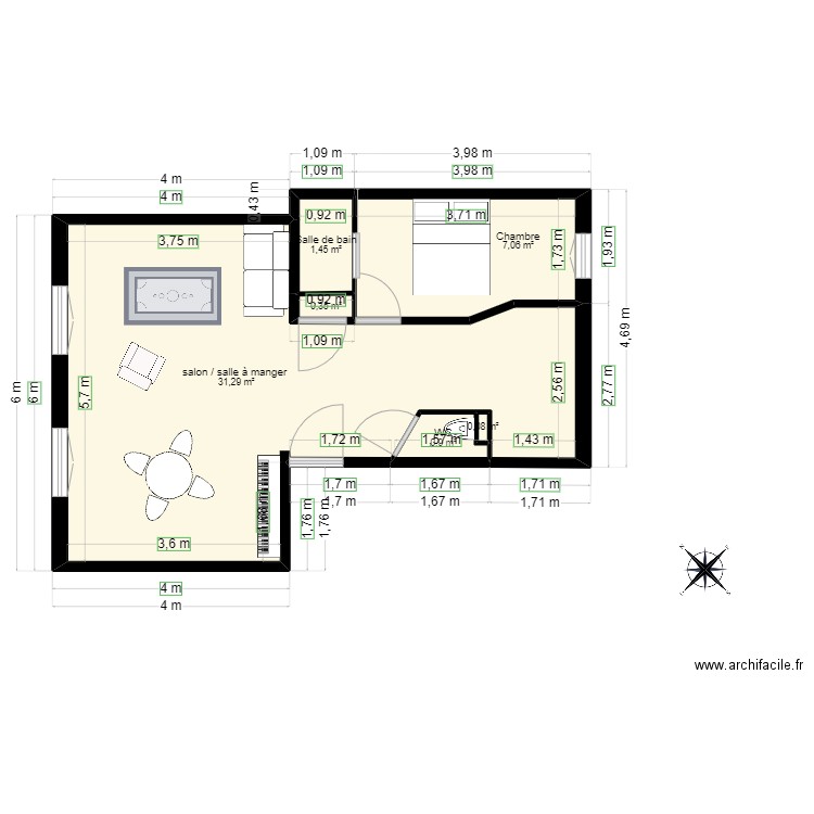 plan d'appart ergo . Plan de 6 pièces et 41 m2