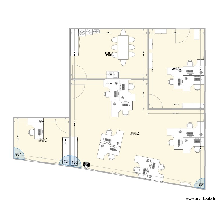 Bureaux. Plan de 4 pièces et 125 m2