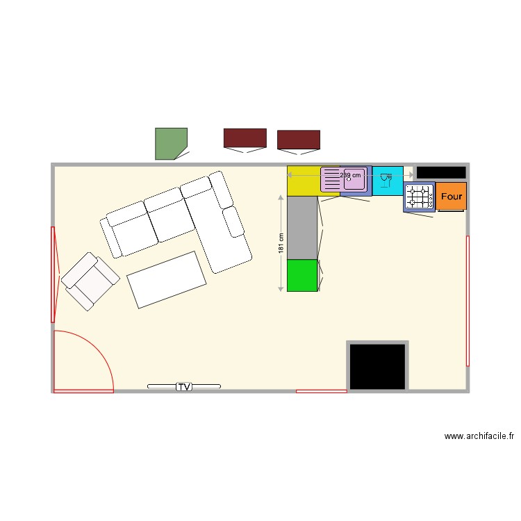 cuisine j. Plan de 3 pièces et 33 m2