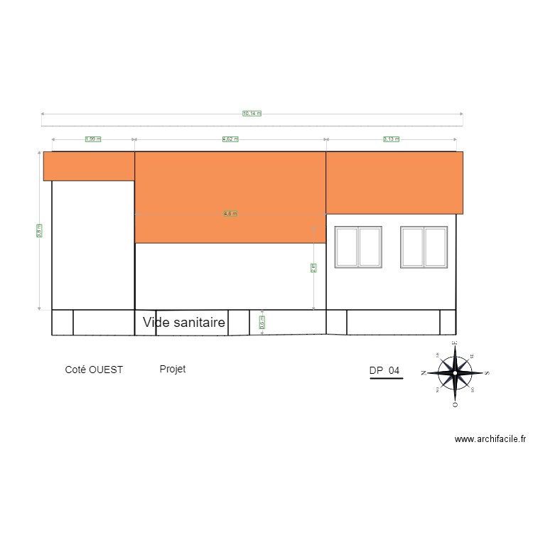 Vue en en plan  coté OUEST bon. Plan de 12 pièces et 42 m2