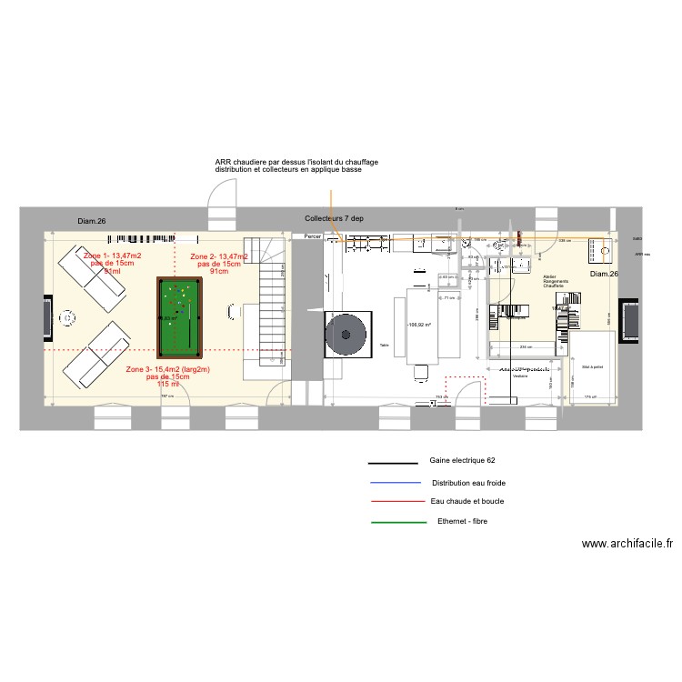 Sibinel Rez de chaussee Distributions du chauffage. Plan de 3 pièces et 95 m2