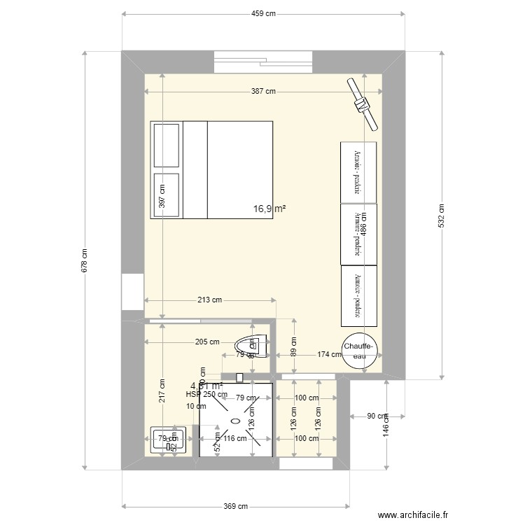 chambre parental. Plan de 3 pièces et 22 m2