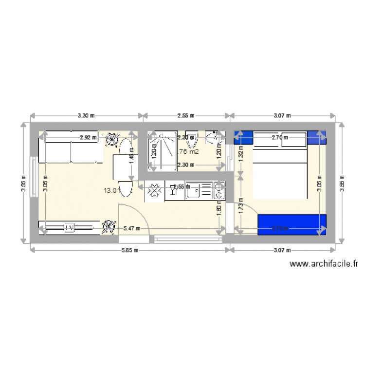 25m2 1chambre . Plan de 0 pièce et 0 m2