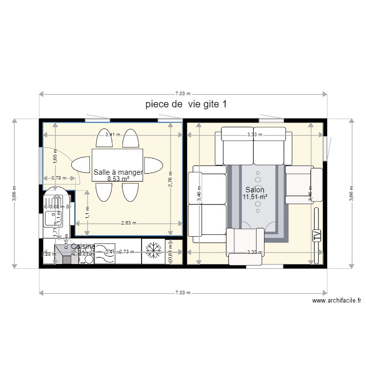 piece de vie gite 1 meublé. Plan de 0 pièce et 0 m2