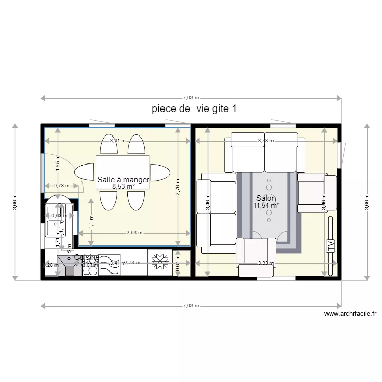 piece de vie gite 1 meubl&eacute;. Plan de 