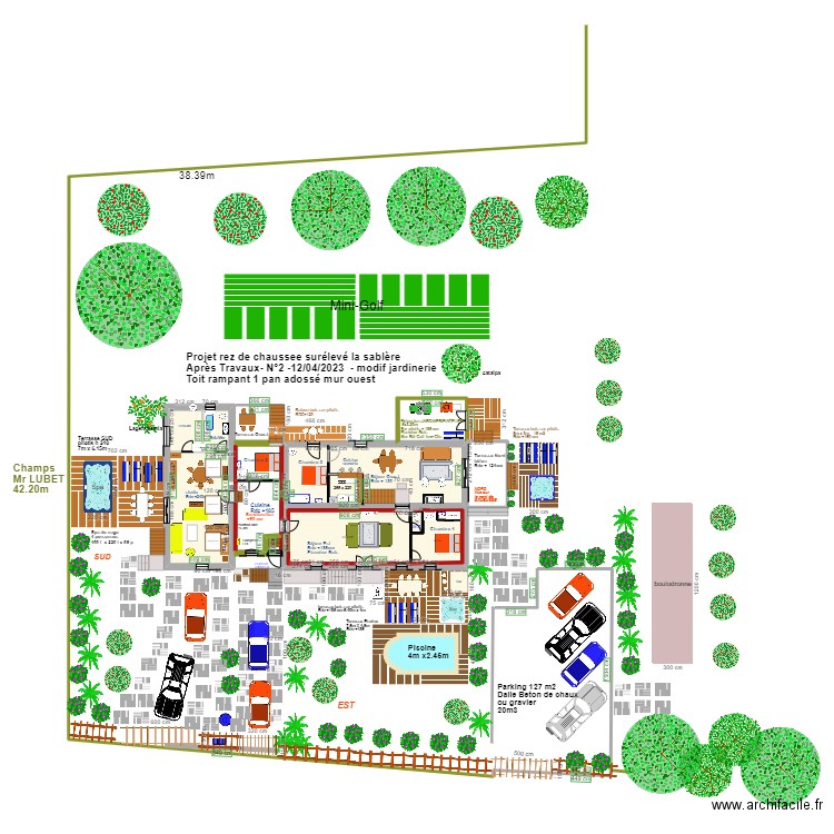 plan masse maison avec extension atelier jardinerie toit 1 pan rampant. Plan de 7 pièces et 157 m2