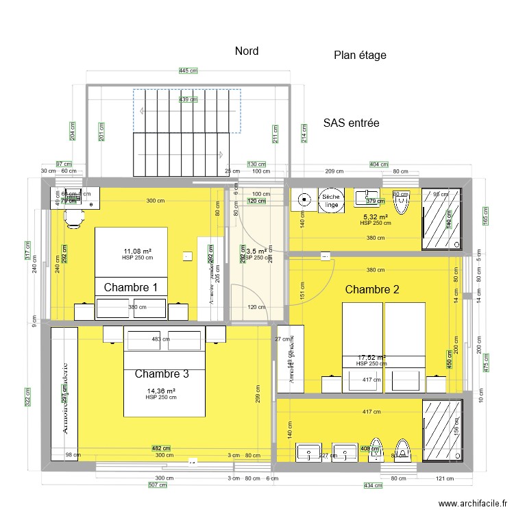 Etage surface 54m2 habitableVariante C. Plan de 5 pièces et 52 m2