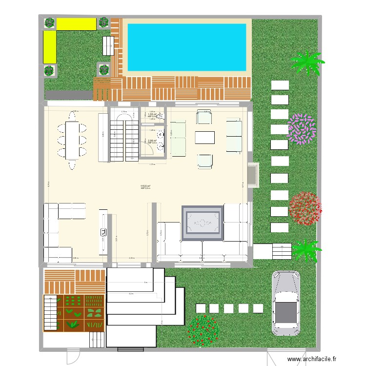 RDC. Plan de 3 pièces et 120 m2