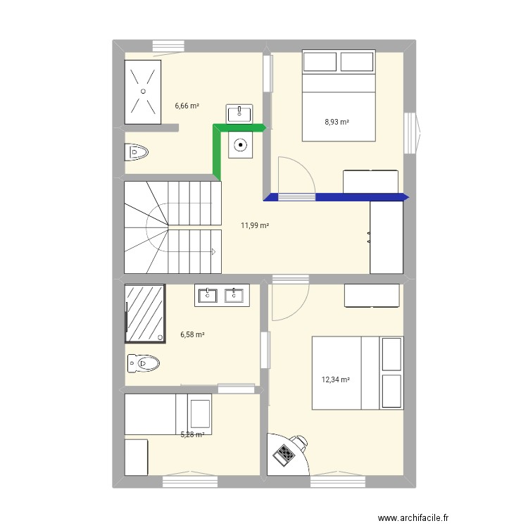 Appart avec escalier intérieur . Plan de 6 pièces et 52 m2