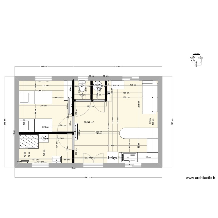 Studio 40m2. Plan de 1 pièce et 40 m2