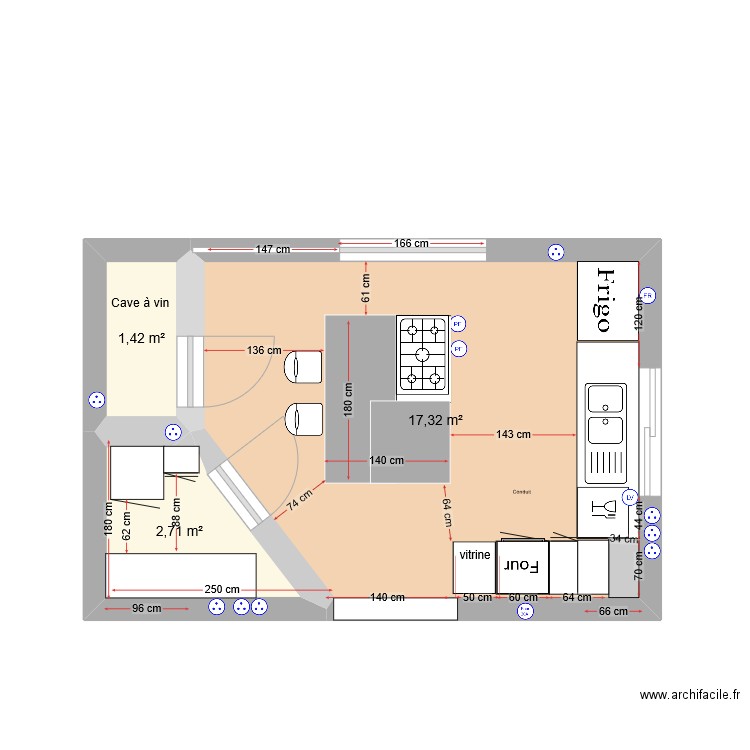 cuisine FH. Plan de 3 pièces et 21 m2