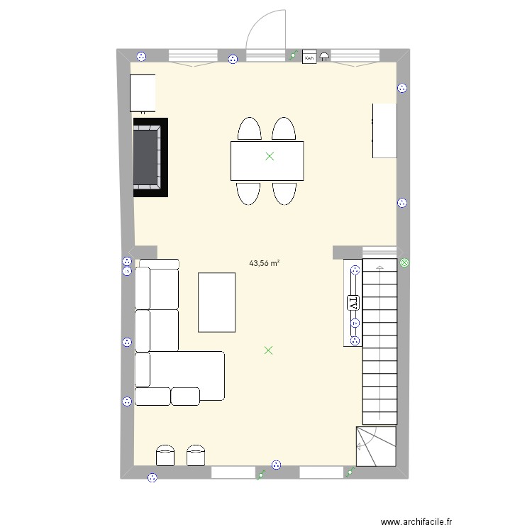 Plan salon salle à manger . Plan de 1 pièce et 44 m2